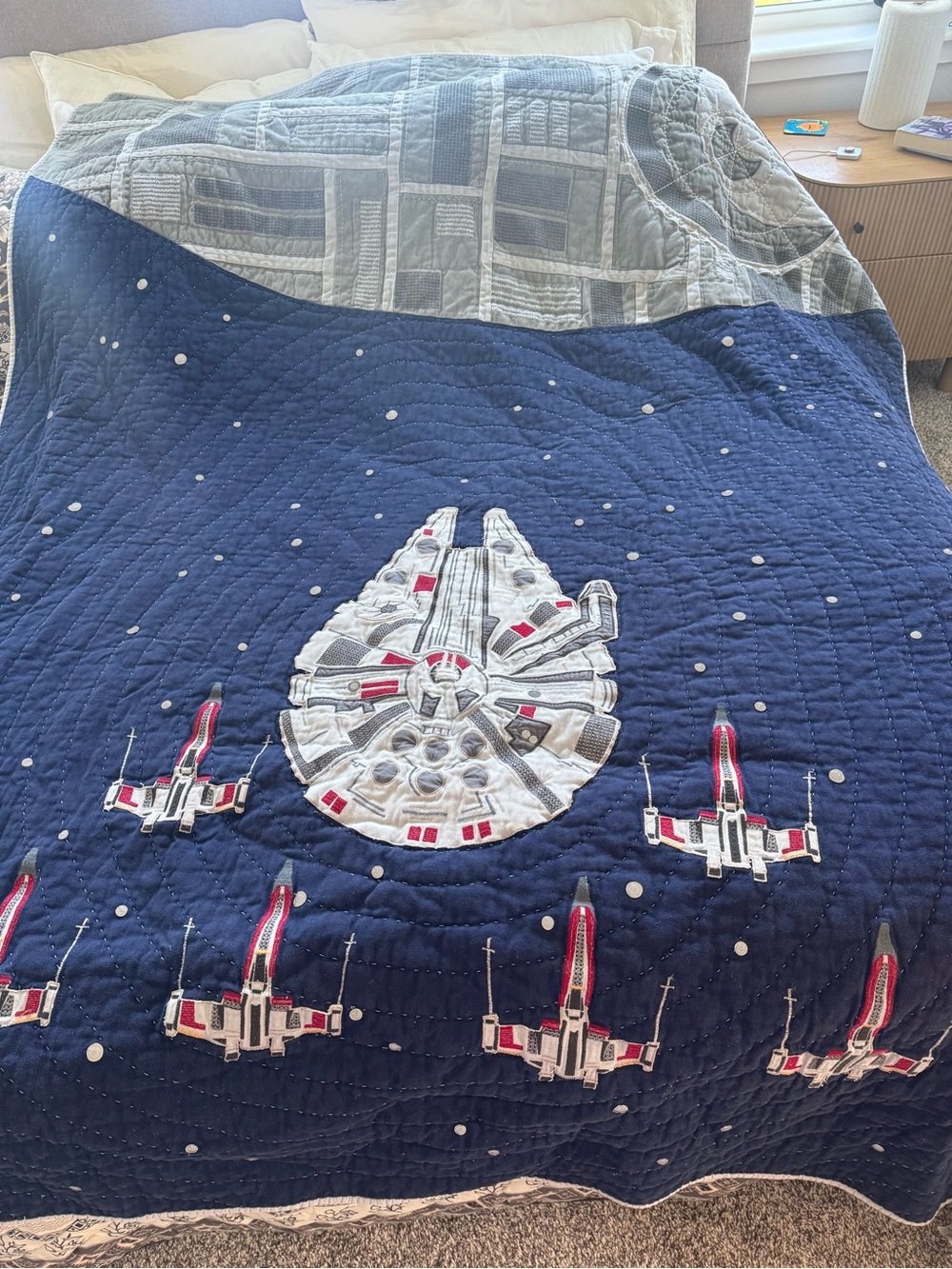 Pottery Barn Kids Navy Quilt with Starship and Fighter Appliqué